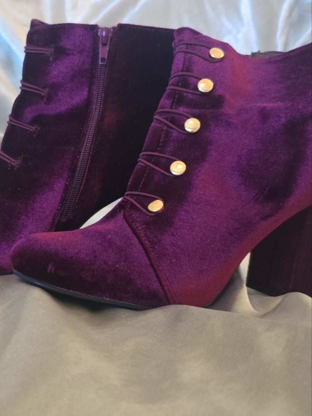 Velvet Ankle Boots with Gold Button Detail